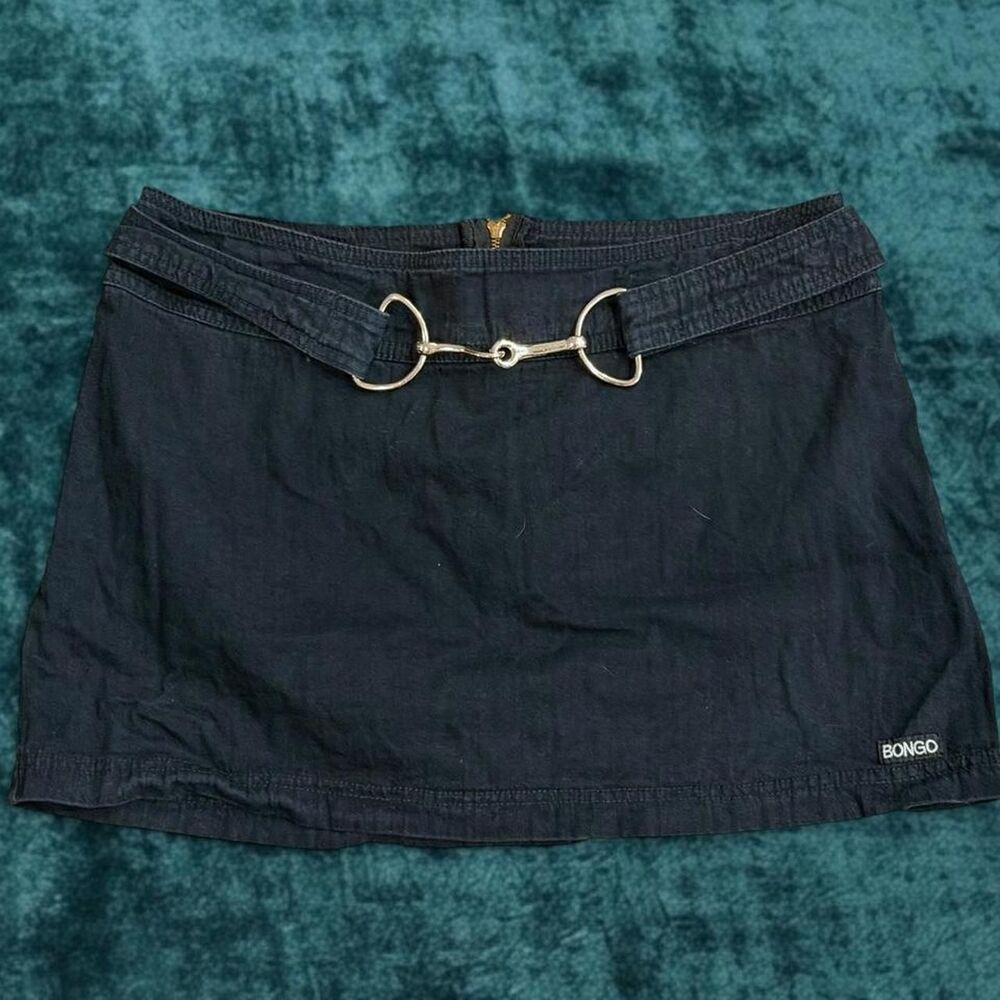Vintage 90s Bongo Black Denim Mini Skirt with Horsebit Belt Size 11 Made in USA